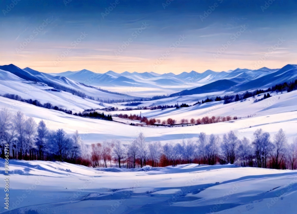 A serene winter landscape with snow-covered mountains, a valley, and a line of trees in the foreground A serene winter landscape with snow-covered mountains, a valley, and a line of trees in the foreground