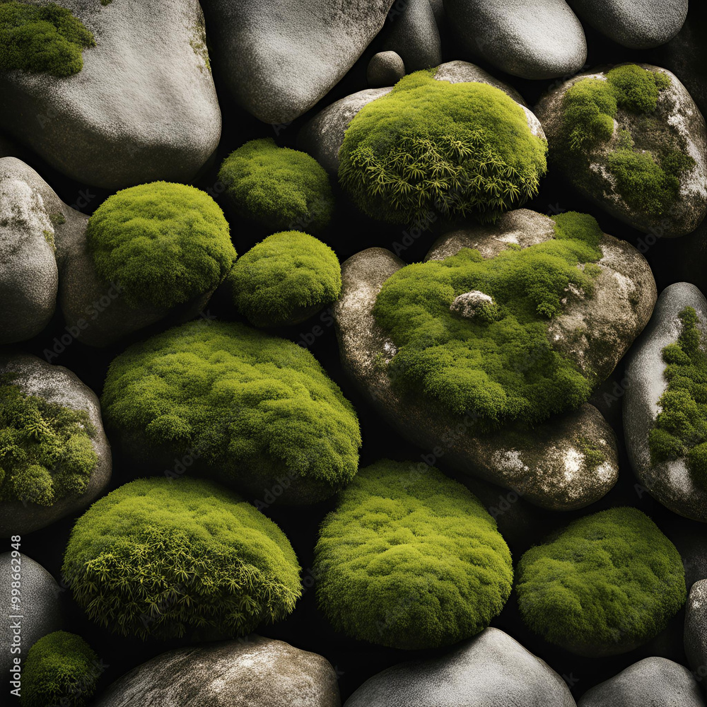 Top view of moss-covered stones creating a soft, green landscape. The vibrant moss contrasts with the smooth rocks, highlighting the beauty of nature's textures and peaceful design. Top view of moss-covered stones creating a soft, green landscape. The vibrant moss contrasts with the smooth rocks, highlighting the beauty of nature's textures and peaceful design.