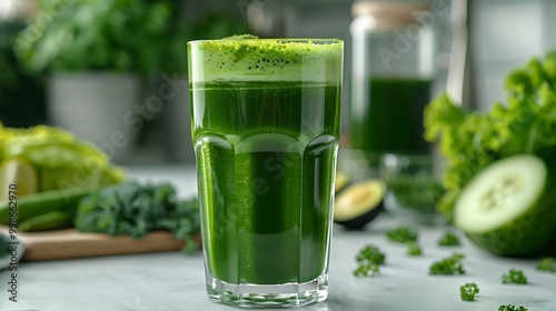 Fresh green juice with spirulina powder served in a tall glass, the deep green liquid vibrant and healthy-looking. The glass is set on a clean white counter with a backdrop of fresh green ingredients,