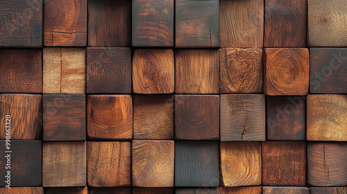 A seamless pattern of wooden blocks in various shades and textures, creating an organic wood wall background.