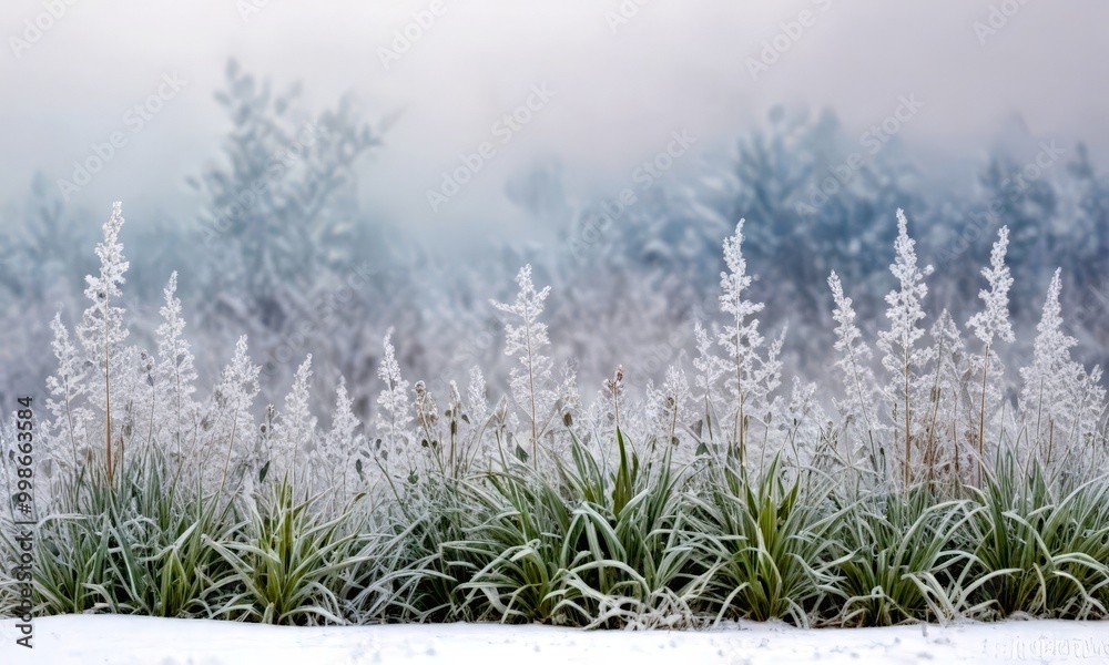 A serene winter scene field of tall grasses covered in a layer of frost, with a hazy background of trees and fog A serene winter scene field of tall grasses covered in a layer of frost, with a hazy background of trees and fog