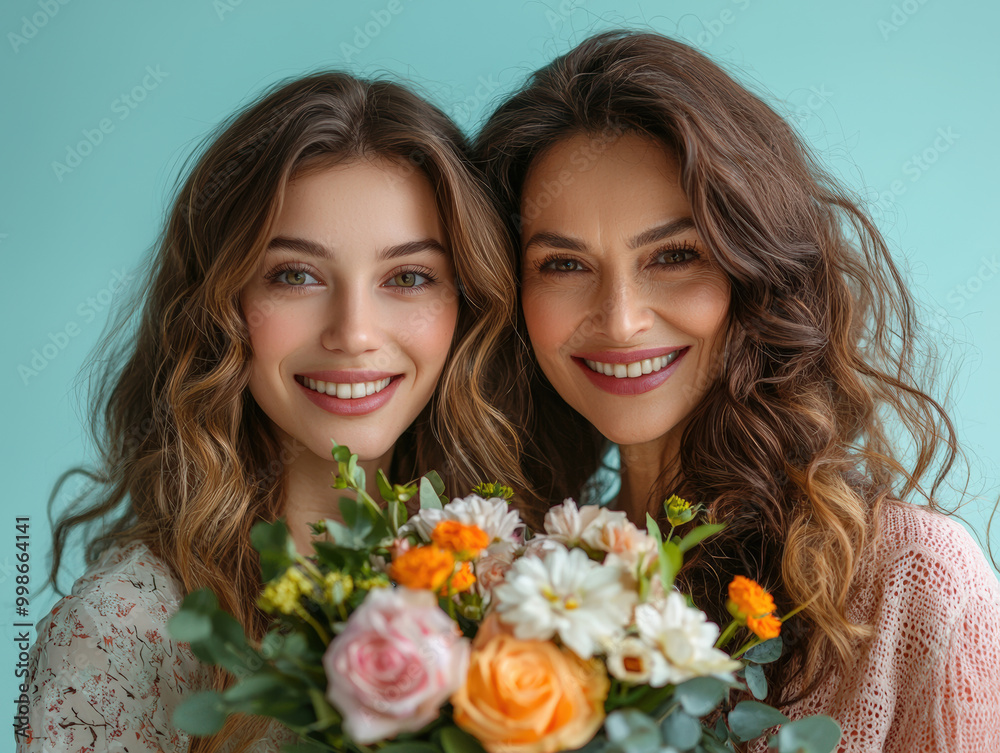 A young woman and her mother smile together, holding beautiful bouquet of flowers against soft blue background. Their joyful expressions reflect warm bond and love A young woman and her mother smile together, holding beautiful bouquet of flowers against soft blue background. Their joyful expressions reflect warm bond and love