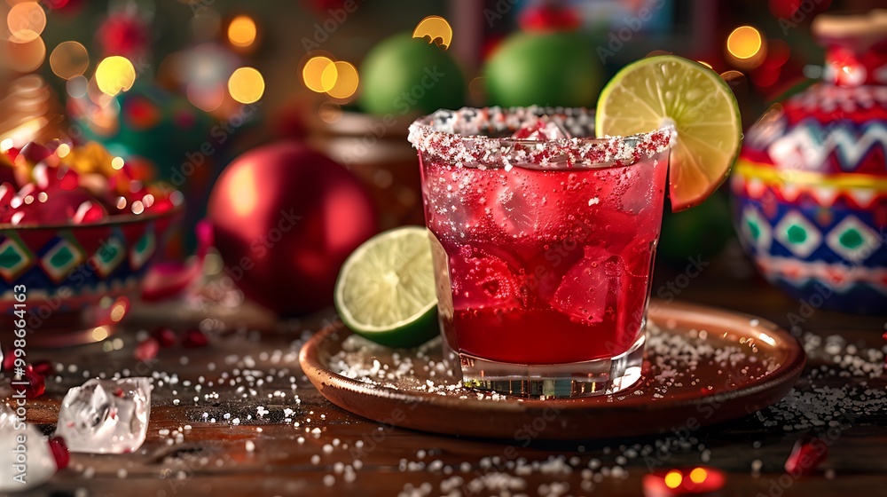A vibrant red hibiscus margarita served in a glass with a salt rim, the deep red color of the drink contrasting beautifully with the white salt. The glass is set on a festive table with a backdrop A vibrant red hibiscus margarita served in a glass with a salt rim, the deep red color of the drink contrasting beautifully with the white salt. The glass is set on a festive table with a backdrop