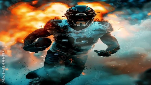 Rugby and American football players run with bold ambition and determination creating a smoky and stunning cinematic effect