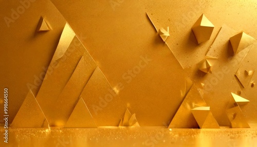 a golden geometric pattern composed of various triangular shapes, including pyramids and cones, arranged in a visually striking composition against a golden background photo