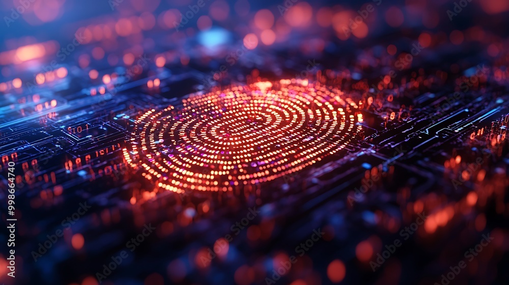 An abstract fingerprint glows red on a circuit board, securing the future. An abstract fingerprint glows red on a circuit board, securing the future.