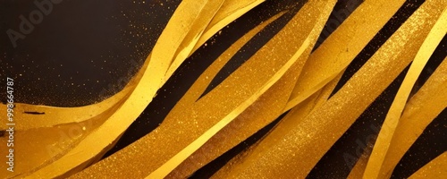 a close-up view textured surface with a striking contrast between gold and black The gold elements, which appear to be paper strips or ribbons, are arranged in a photo