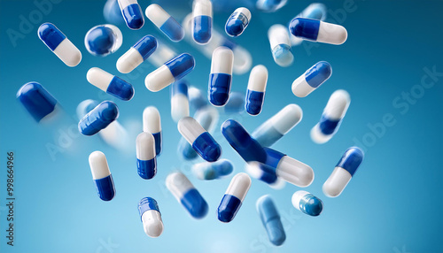 Blue and white capsules falling through the air on blue background