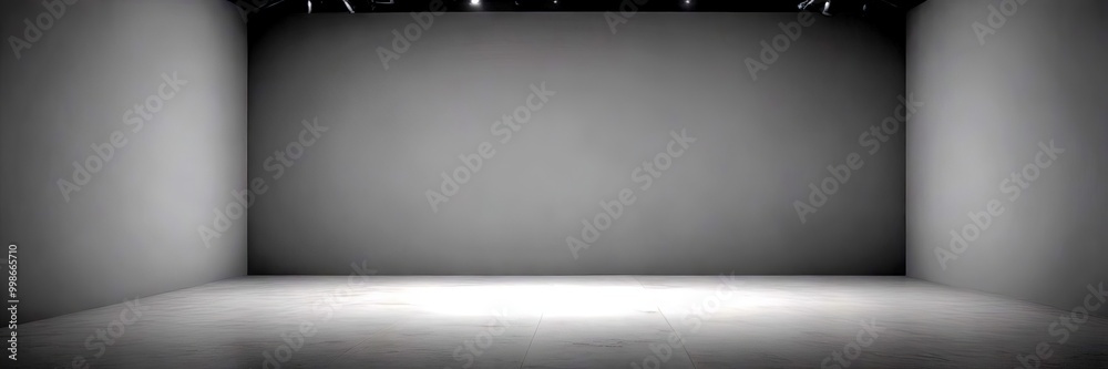 An empty room with a gray wall and a concrete floor, illuminated by two spotlights on the ceiling An empty room with a gray wall and a concrete floor, illuminated by two spotlights on the ceiling