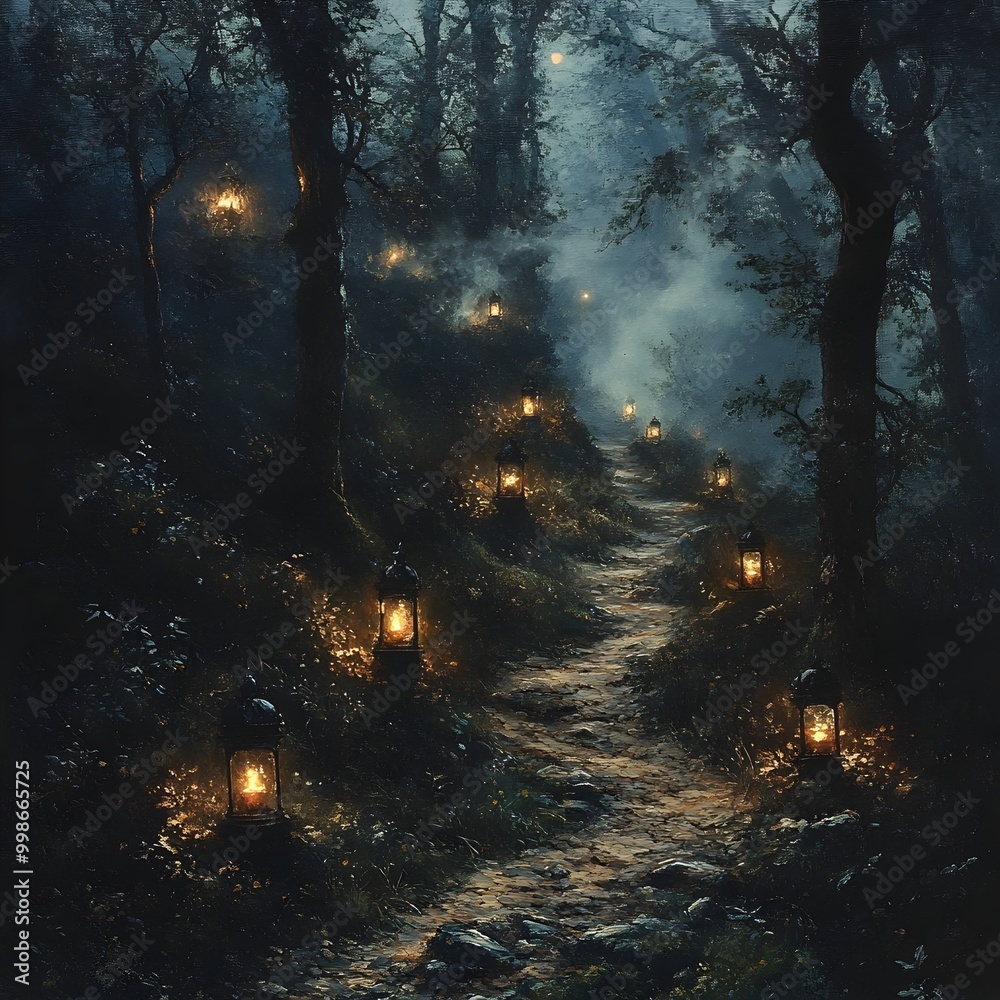 Flickering Lanterns Illuminating a Mysterious Forest Path Into the Unknown Flickering Lanterns Illuminating a Mysterious Forest Path Into the Unknown
