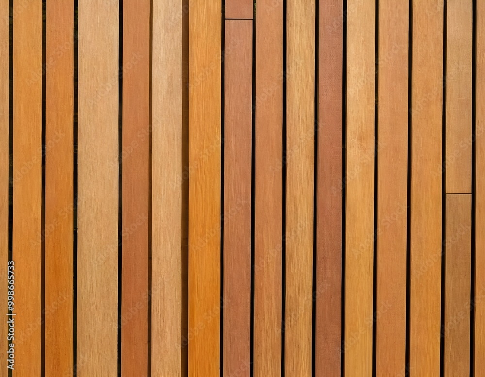 Naklejka premium Close-up polished wooden decking showcasing rich grain patterns and warm tones in natural light