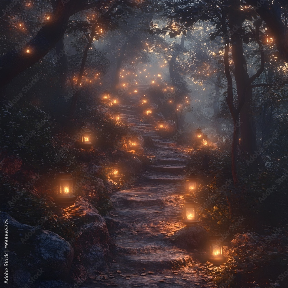 Spooky Forest Path Illuminated by Flickering Lanterns into the Darkness Spooky Forest Path Illuminated by Flickering Lanterns into the Darkness