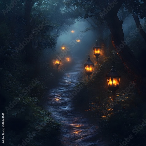 Spooky Forest Path Illuminated by Flickering Lanterns Leading Into Darkness