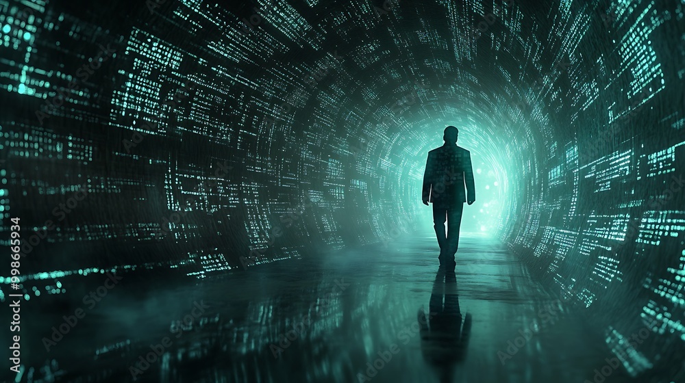 A man walks through a digital tunnel, glowing with futuristic light and boundless possibilities. A man walks through a digital tunnel, glowing with futuristic light and boundless possibilities.