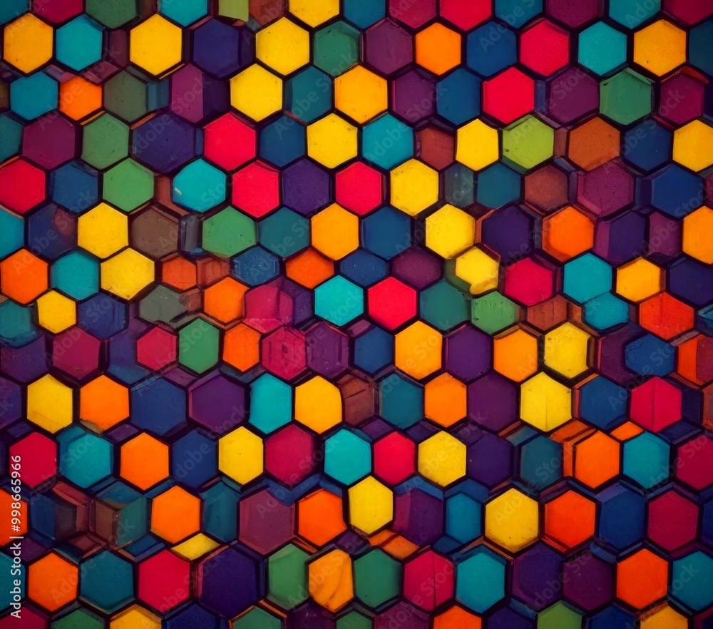 A vibrant mosaic of multicolored hexagonal tiles, each with a unique hue, creates a visually striking pattern across the A vibrant mosaic of multicolored hexagonal tiles, each with a unique hue, creates a visually striking pattern across the