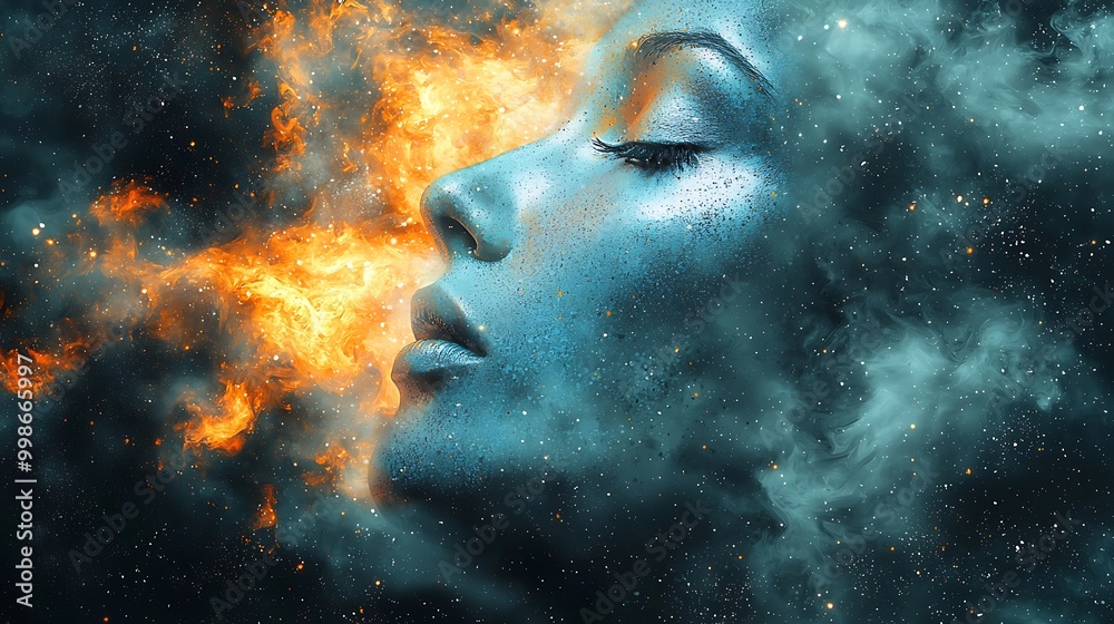 An abstract face emerges from a nebula of fire and smoke, embodying transformation and chaos.