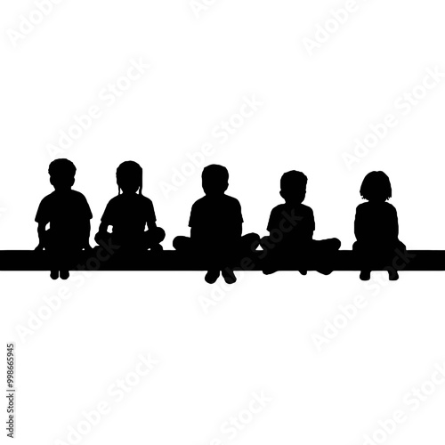 Group of sitting children silhouette vector illustration