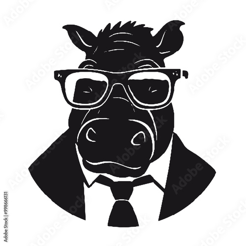 hippo wearing glasses and tie silhouette vector illustration