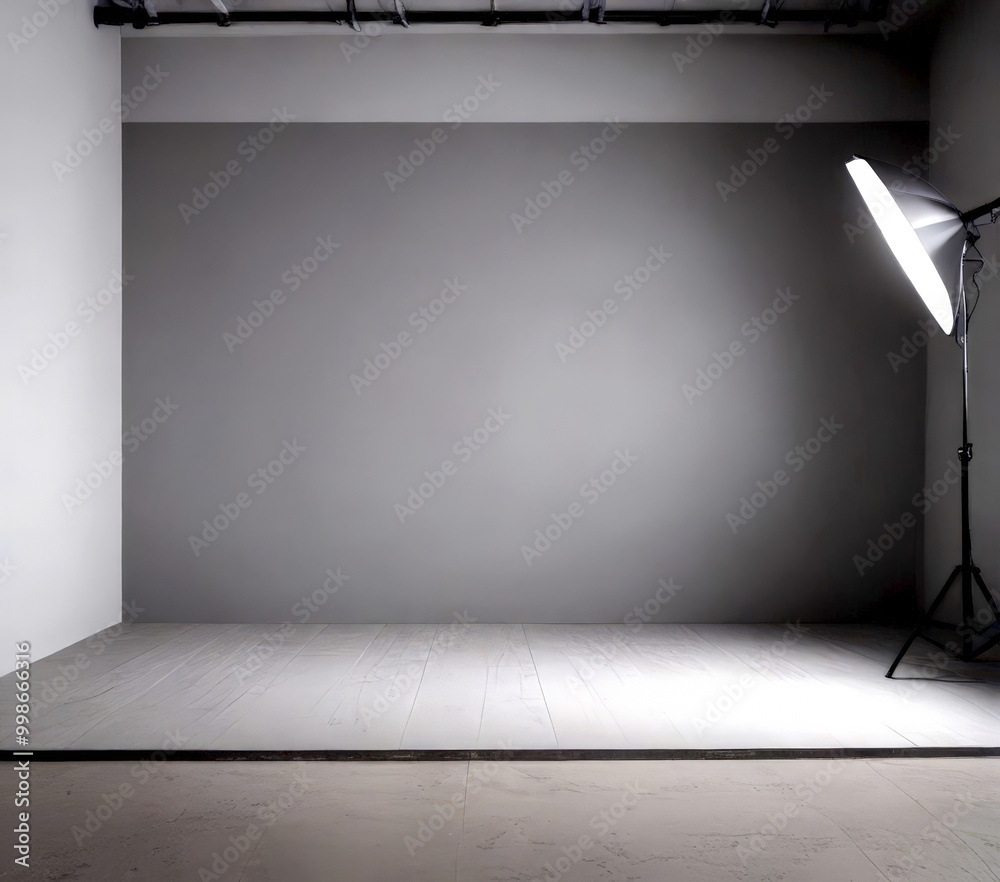 A black and white studio space with a large light source on the right side, a tripod, and a gray wall A black and white studio space with a large light source on the right side, a tripod, and a gray wall