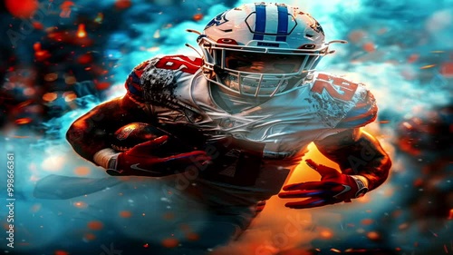 Rugby and American football players run with bold ambition and determination creating a smoky and stunning cinematic effect