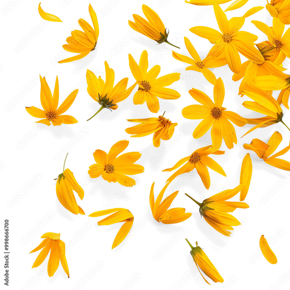Scattered Yellow Flowers and Petals on a Transparent Background Scattered Yellow Flowers and Petals on a Transparent Background