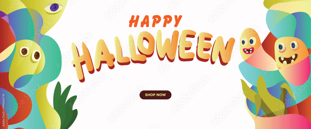 Fototapeta premium Creatures Halloween Theme concept. abstract geometric liquid form. monster halloween with hand drawn banner template vector illustration.