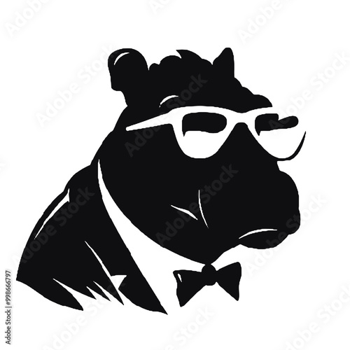 hippo wearing glasses and tie  silhouette vector illustration