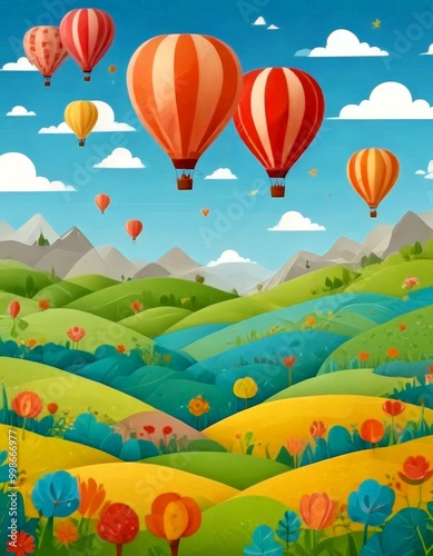 Hot air balloons float over a vibrant landscape with rolling hills, colorful flowers, and a clear blue sky dotted with fluffy white clouds