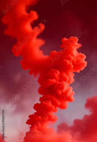 A striking cloud of red smoke, resembling a swirling, billowing cloud, against a dark, cloudy sky photo