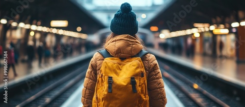 A woman with a yellow backpack walks on a train platform with a blurred background.