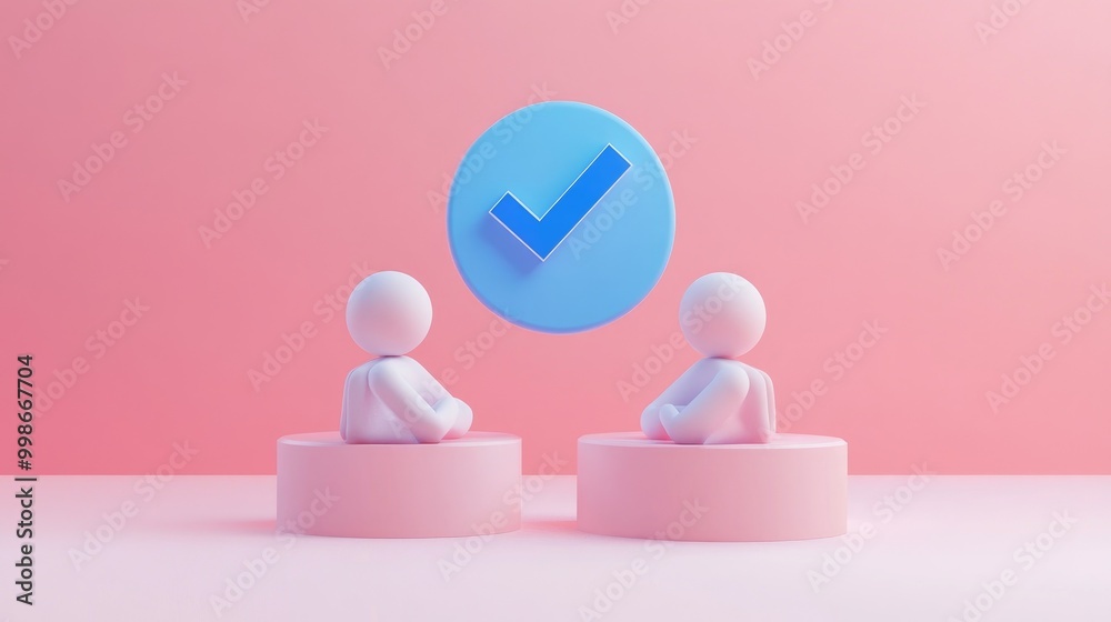 Two 3D figures sitting on pink platforms with a blue checkmark symbol above them.