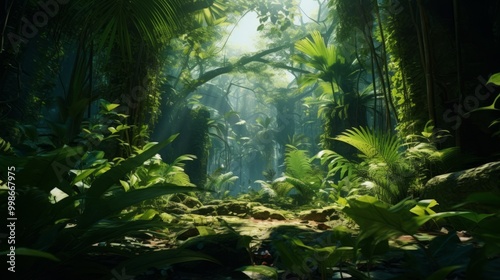 Tropical jungles of Southeast Asia with green wild plants. Neural network ai generated art