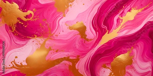 a vibrant abstract pattern with pink and gold hues, resembling a swirling, marbled effect The pattern is composed of splashes of color and gold accents, creating a dynamic photo