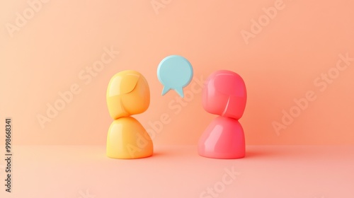 Two 3D figures facing each other with a speech bubble between them, representing communication and conversation.