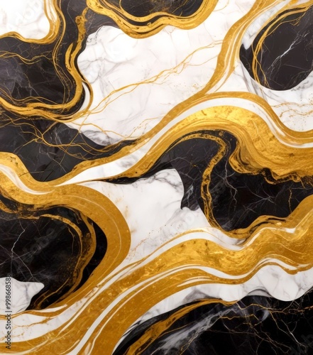 a marble surface with a swirling pattern of black and white marble and gold accents photo