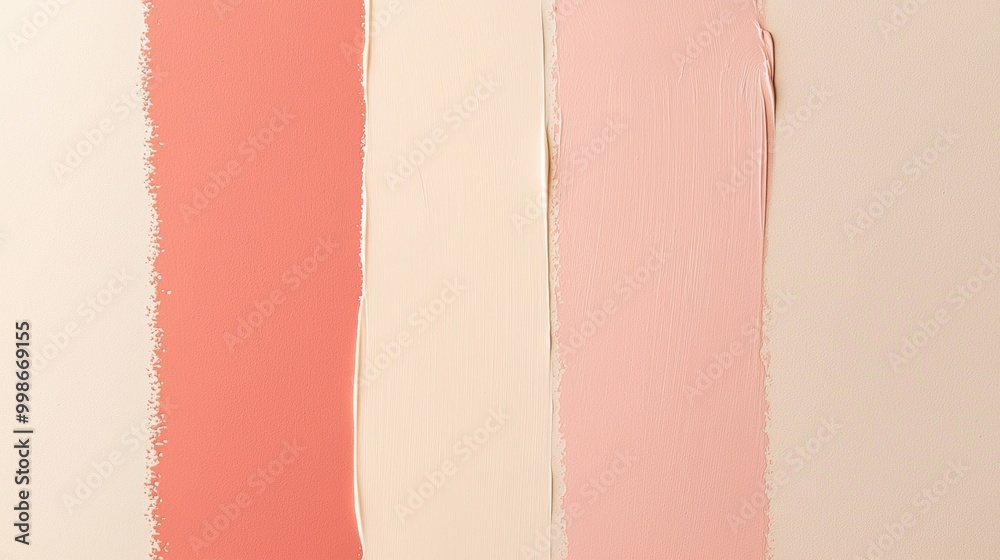 Four vertical brushstrokes of paint in peach, coral, and cream colors are displayed on a canvas, showcasing the texture and color of the paint
