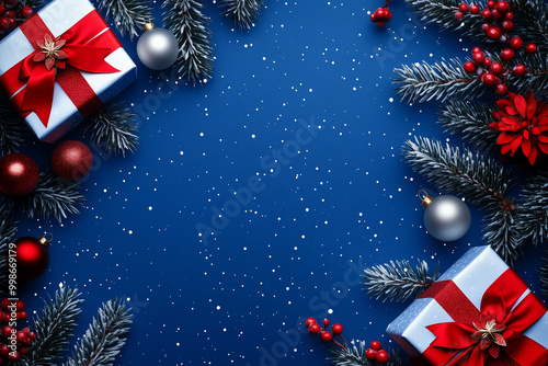 Merry Christmas and Happy Holidays Greeting Card – Christmas Ornaments and Gifts on Blue Background