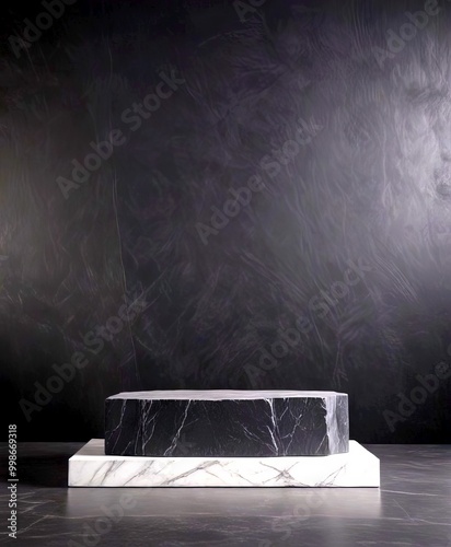 A black marble pedestal with a white marble base rests on a dark surface, creating a striking contrast photo