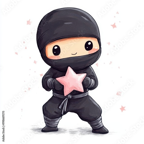 Stealthy Sweetness - Cute Kid in Ninja Costume Holding Star-Shaped Candy Box on White Background in Marker Illustration Style
