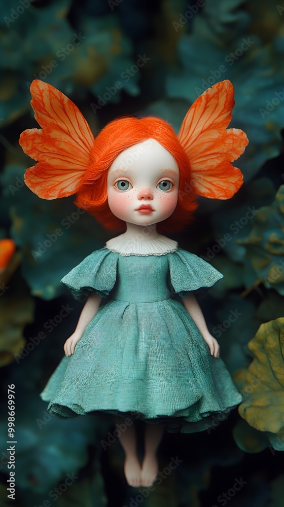 A whimsical doll with orange hair and butterfly wings, dressed in a green dress, surrounded by lush foliage. A whimsical doll with orange hair and butterfly wings, dressed in a green dress, surrounded by lush foliage.