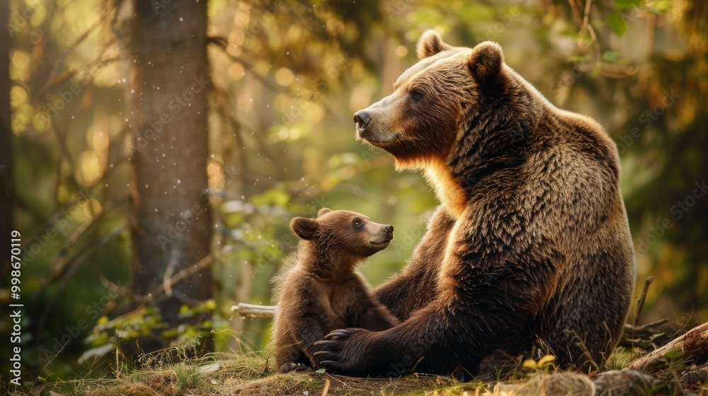 Fototapeta premium A mother bear and her cub are sitting in the woods