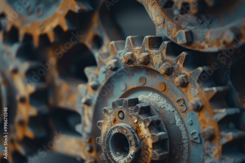 Wall of large, rusty gears interlock, showcasing the power and complexity of industrial machinery
