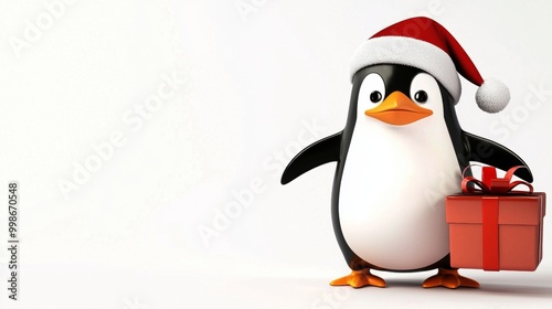 Happy penguin wearing a santa hat holding a red christmas gift with a red ribbon. Perfect for christmas related projects! photo