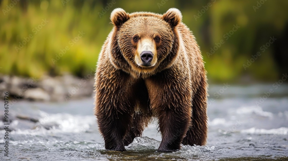 A brown bear standing in a stream with water rushing around its legs, looking for fish to catch A brown bear standing in a stream with water rushing around its legs, looking for fish to catch