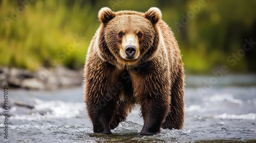 A brown bear standing in a stream with water rushing around its legs, looking for fish to catch