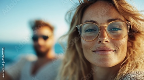 A woman glows, with glasses on, embraced by the ambiance of an ocean sunset backdrop, conveying serenity, beauty, and contemplation while symbolizing modern elegance.