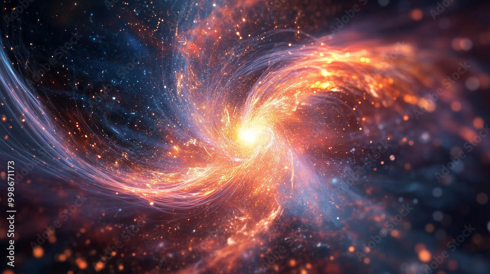 Spiral of cosmic energy and light: a radiant vortex of glowing particles swirling in deep space, symbolizing the power of star formation and universal motion Spiral of cosmic energy and light: a radiant vortex of glowing particles swirling in deep space, symbolizing the power of star formation and universal motion