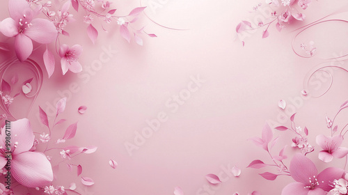 Pink floral background with swirls and pink flowers on a white background. 