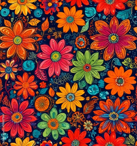A vibrant, repeating pattern of colorful flowers in shades of orange, pink, yellow, green, and blue against a dark background