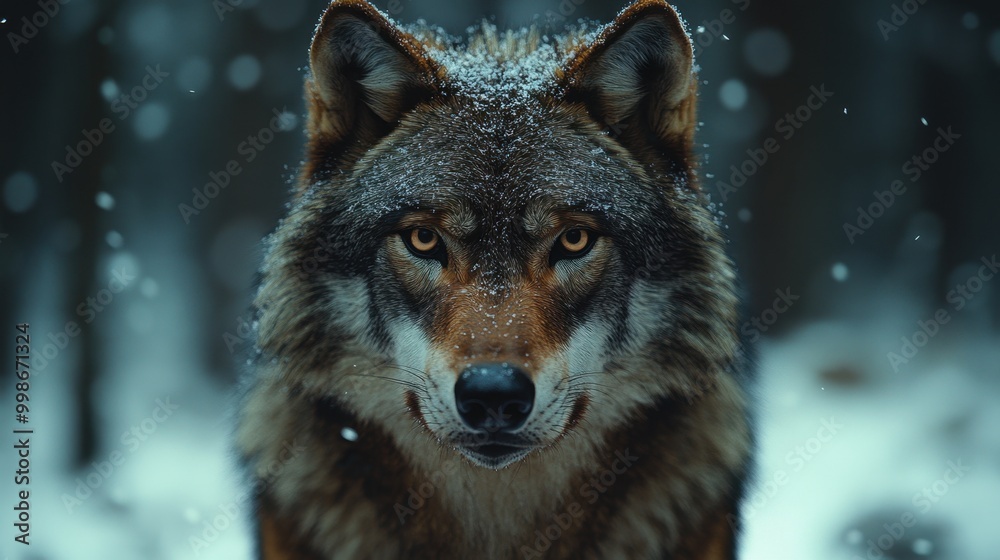A close-up of a wolf's face, showcasing its intense gaze and rugged features, with a snowy forest in the background A close-up of a wolf's face, showcasing its intense gaze and rugged features, with a snowy forest in the background